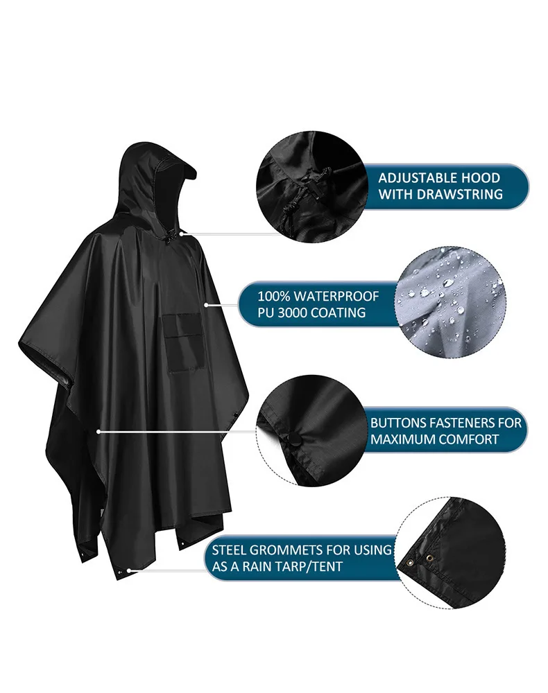 Camping Rain Poncho - 2026 For Camping Hiking 3-in-1 Waterproof